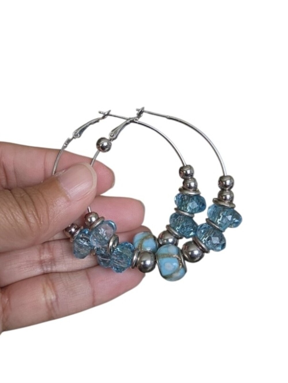 Vintage Silver Toned Hoop Earrings with Blue Beads 2"